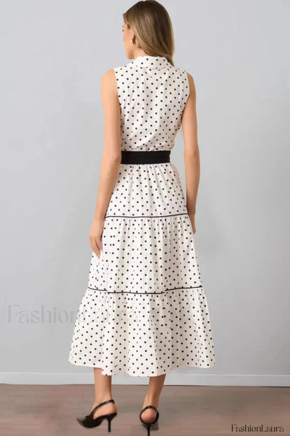Polka Dot Sleeveless Lapel Fashion Maxi Dress