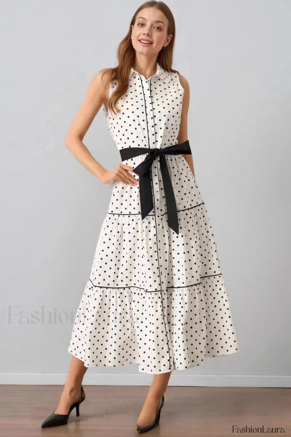 Polka Dot Sleeveless Lapel Fashion Maxi Dress White / S