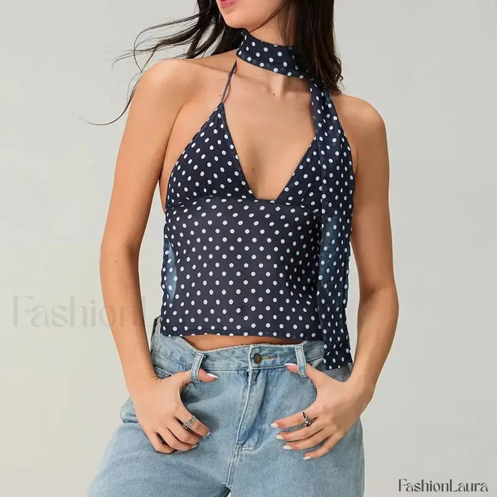 Polka Dot Tie Back Crop Top DEEP BLUE / S