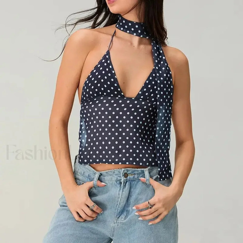 Polka Dot Tie Back Crop Top DEEP BLUE / S