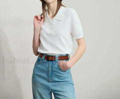 Polo Letter Knitted T Shirt Beige / S