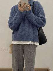 Polo Neck Cable Knit Sweater Blue / ONE SIZE Sweaters