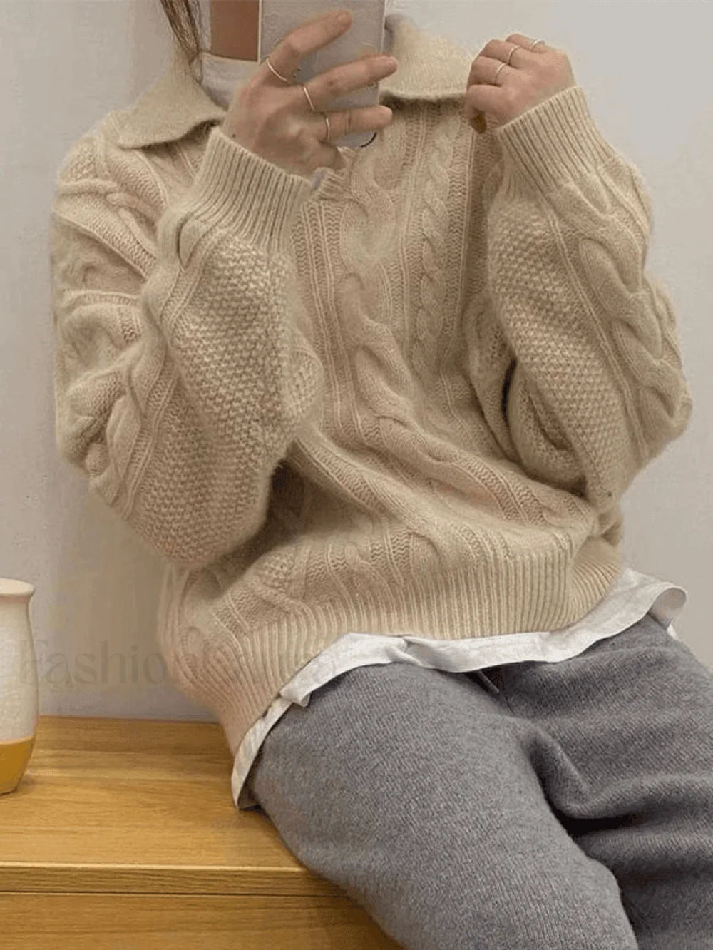 Polo Neck Cable Knit Sweater Sweaters