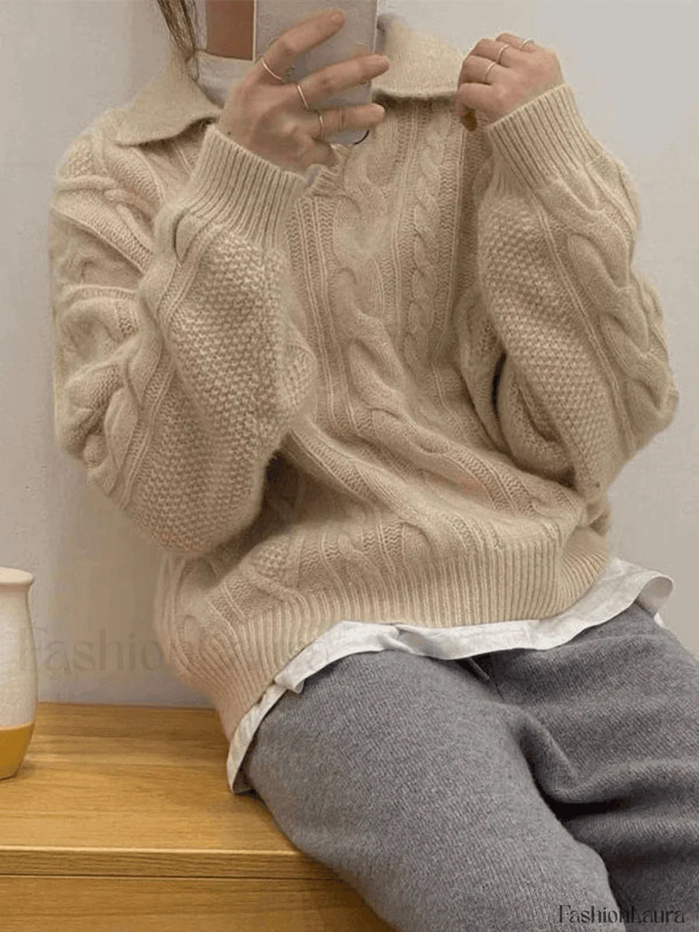 Polo Neck Cable Knit Sweater Sweaters