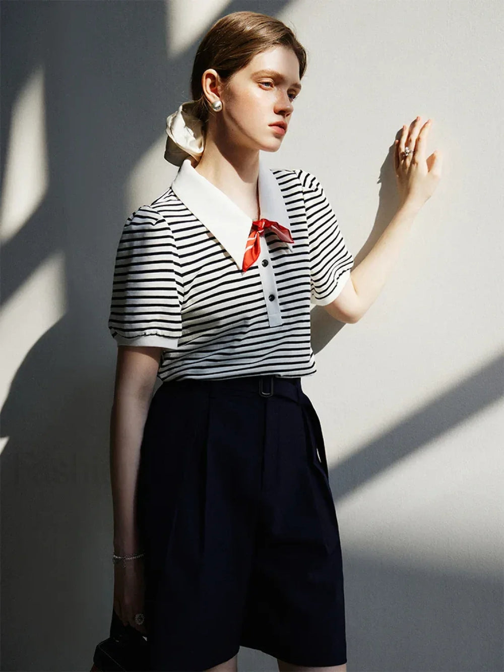 Polo Neck Stripe Contrasting Color T Shirt