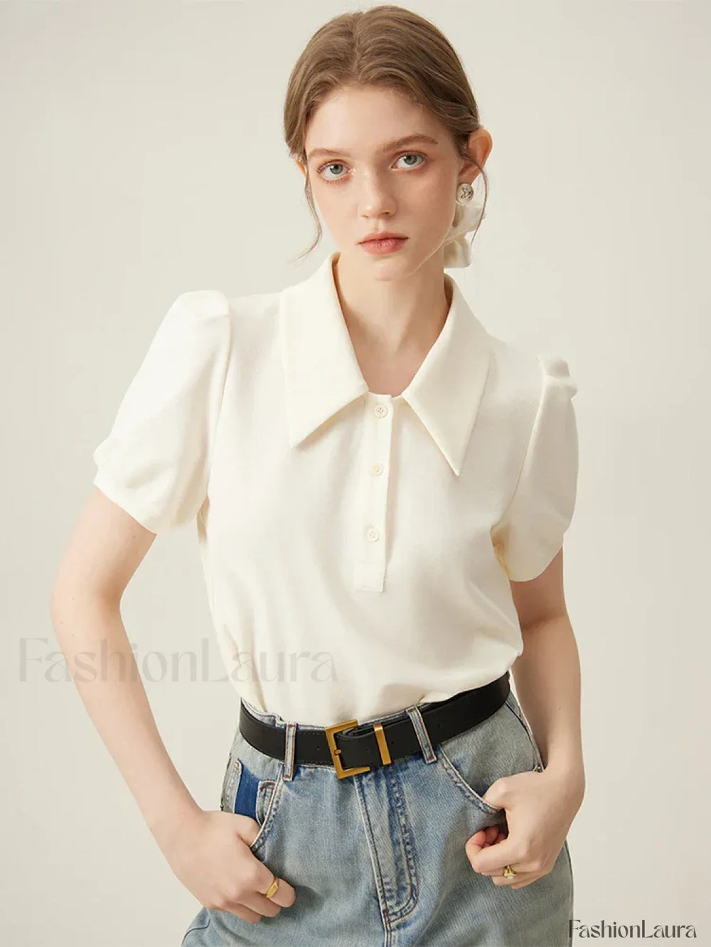 Polo Neck Stripe Contrasting Color T Shirt Beige / S