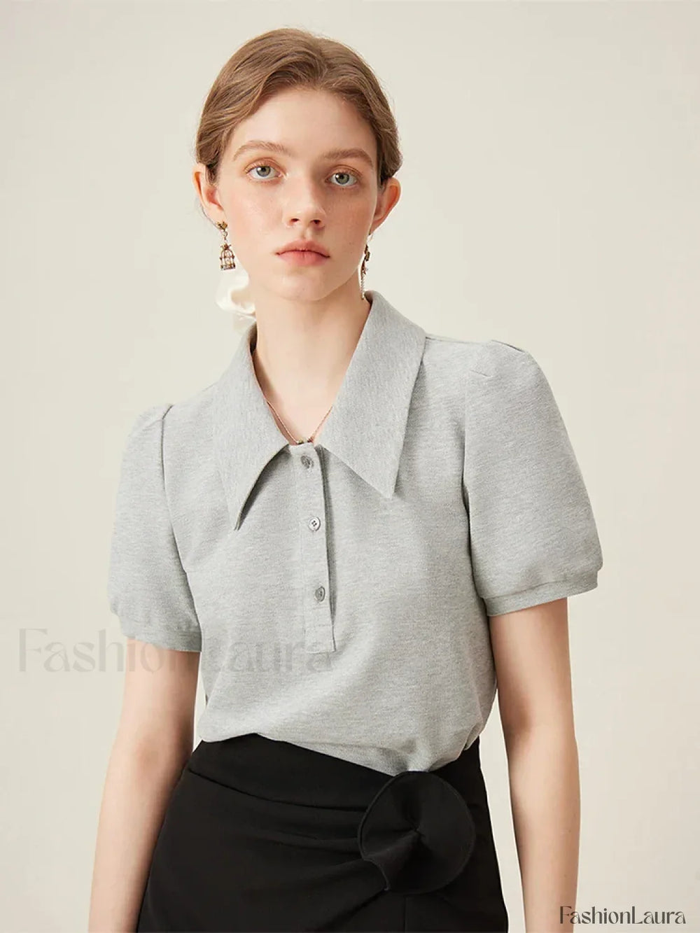 Polo Neck Stripe Contrasting Color T Shirt GRAY / S