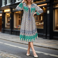 Porcelain Print Tie Neck Boho Dress Purple / S