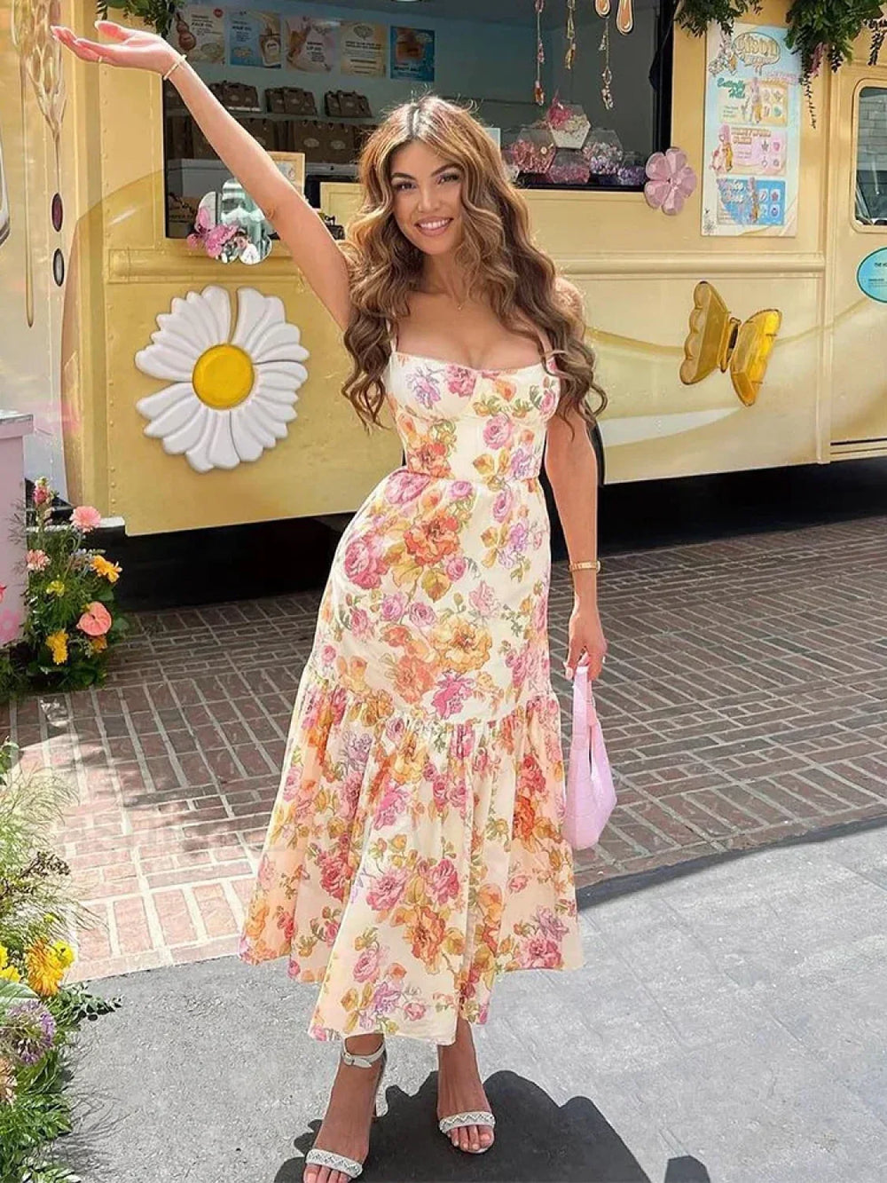 Print Bodycon Floral Dress Pink / M