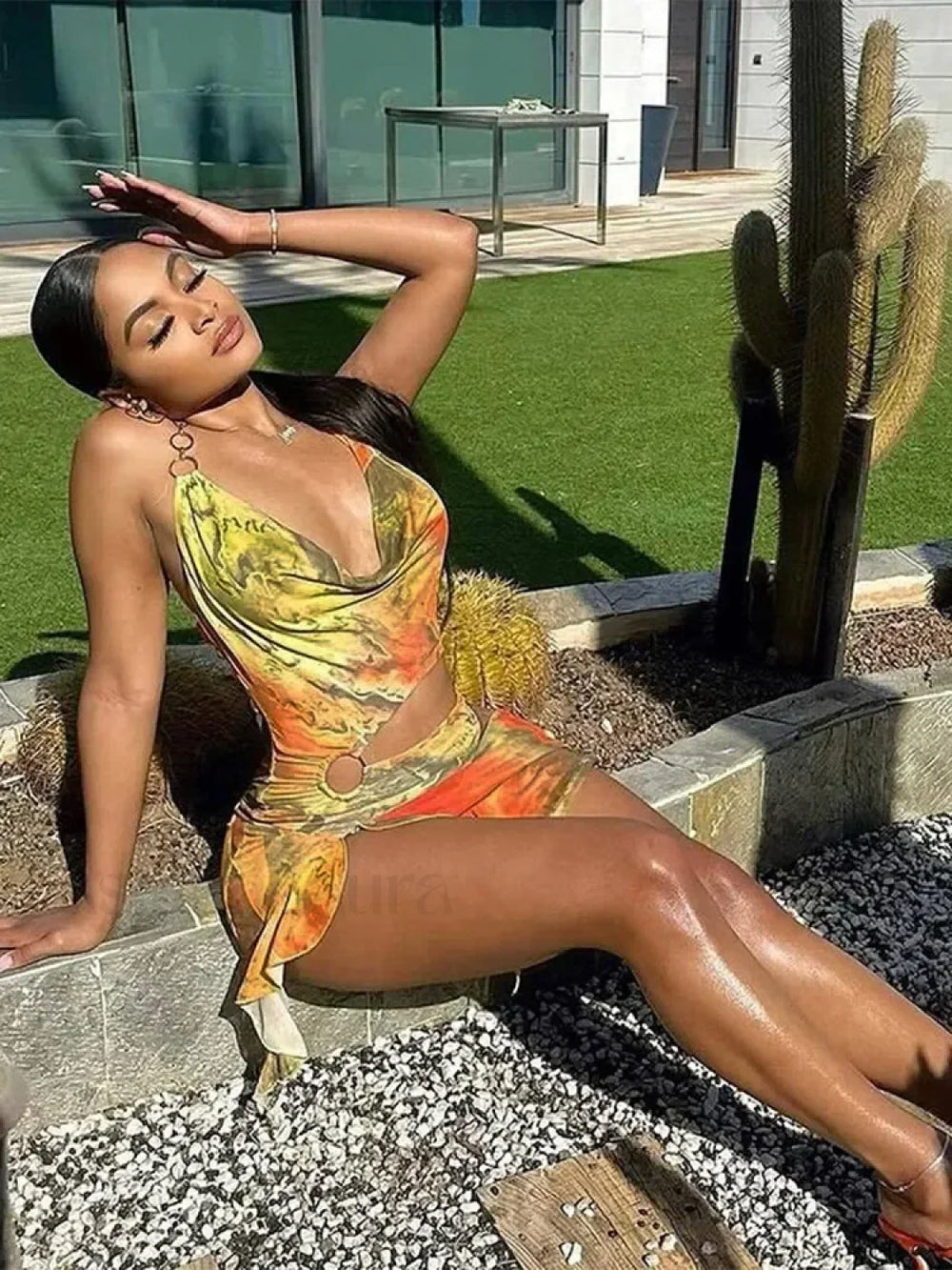 Print Fold High Waist Mini Dress