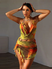 Print Fold High Waist Mini Dress Yellow / S