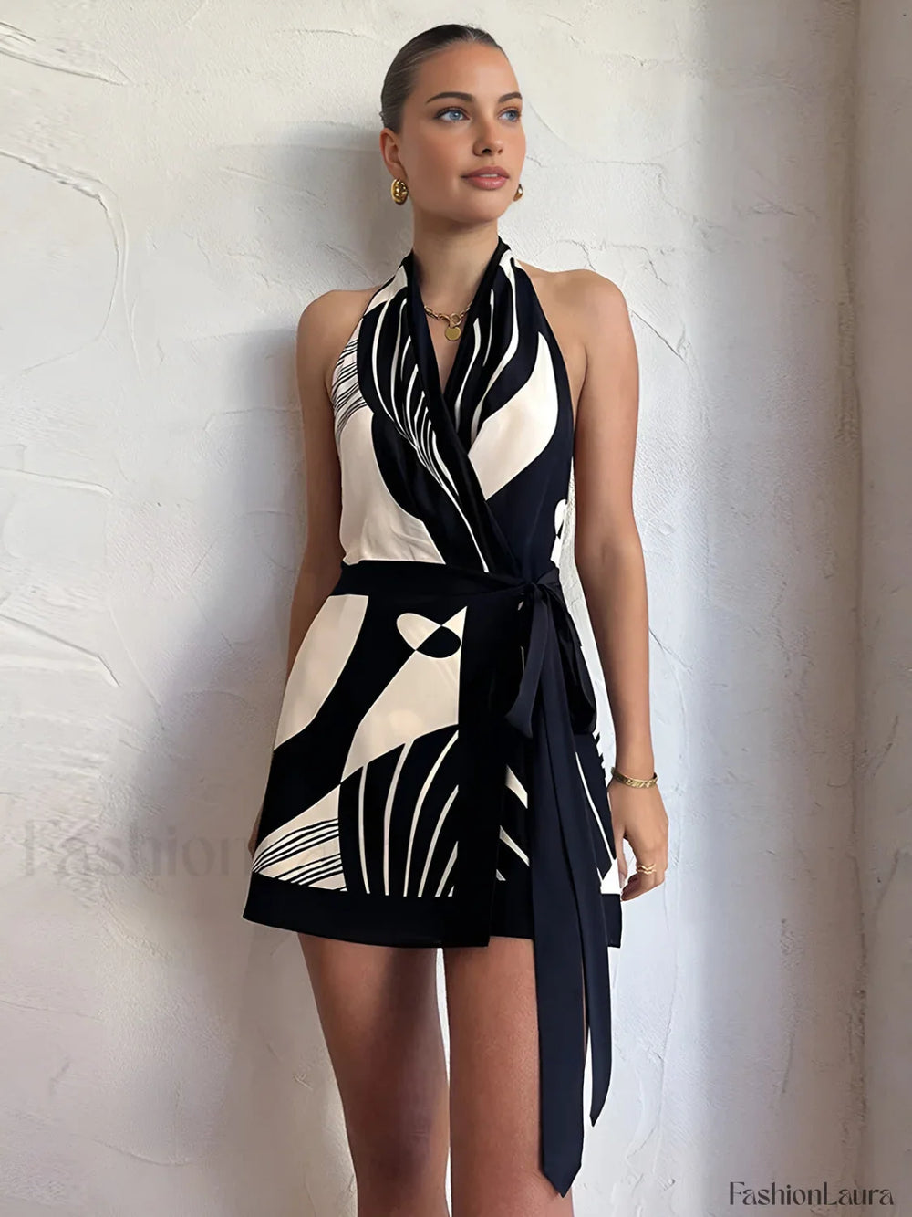 Print Halter Belted Short Dress BlackandWhite / XS Dresses