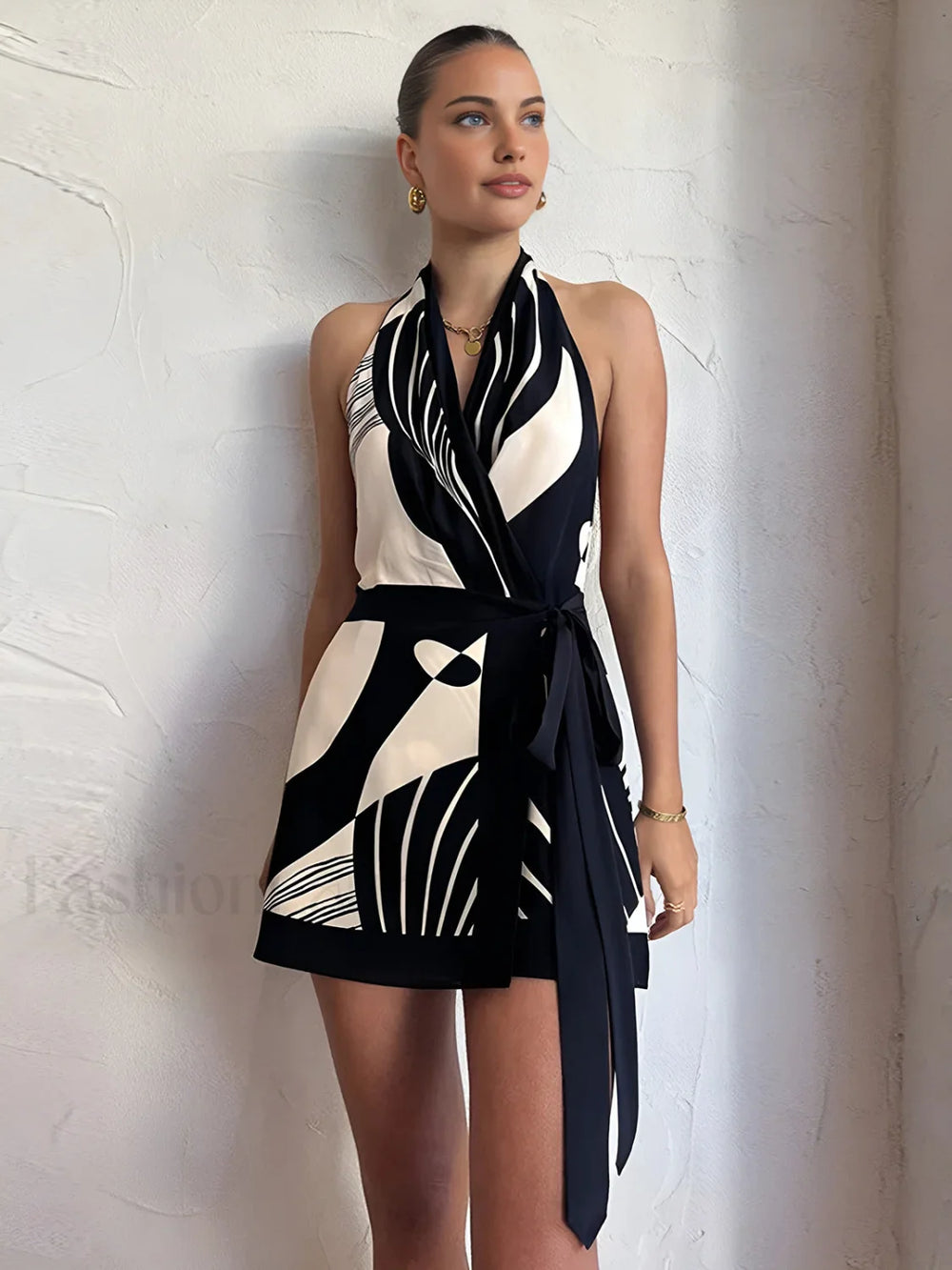 Print Halter Belted Short Dress BlackandWhite / XS Dresses