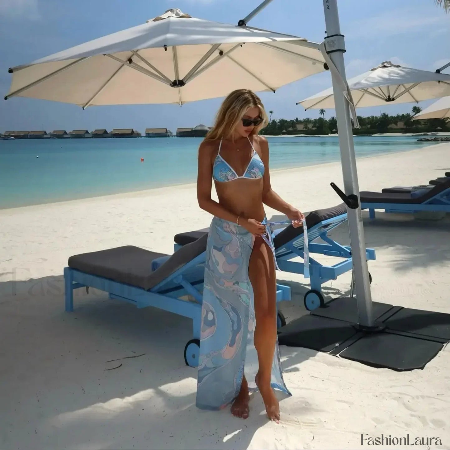 Print Halter Three Piece Set BLUE / S