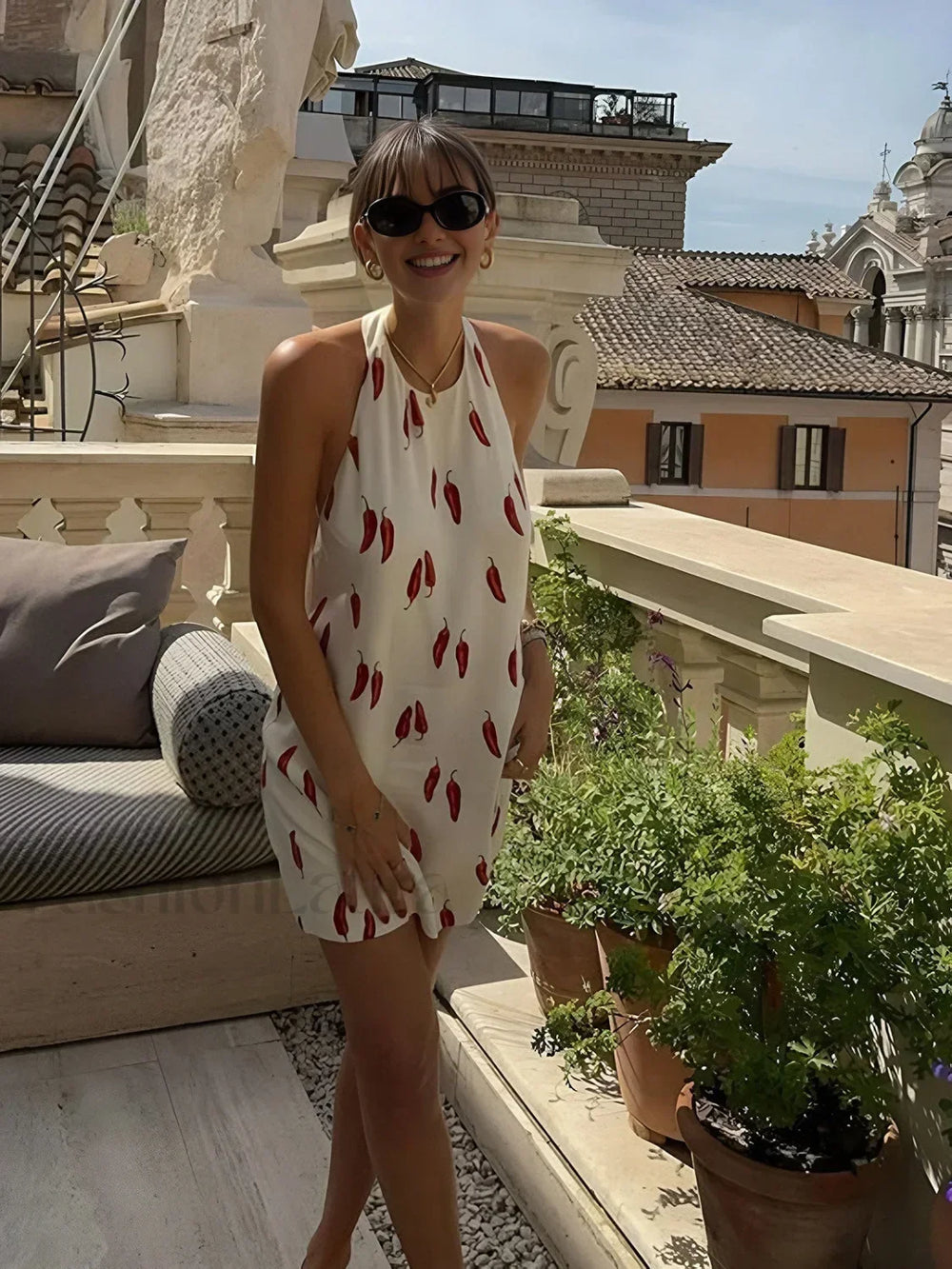 Printed Backless Short Dress Off White / XS Floral Dresses