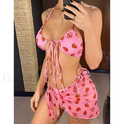 Printed Bow Tie Bikini Three Piece Set