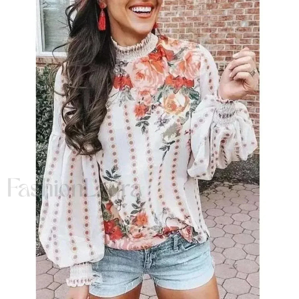 Printed Floral Korean Office Lady Blusas Blouse