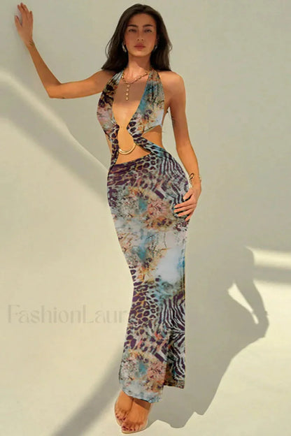Printed Hollow Snake Pattern Sexy Perspective Floral Dress