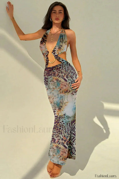 Printed Hollow Snake Pattern Sexy Perspective Floral Dress
