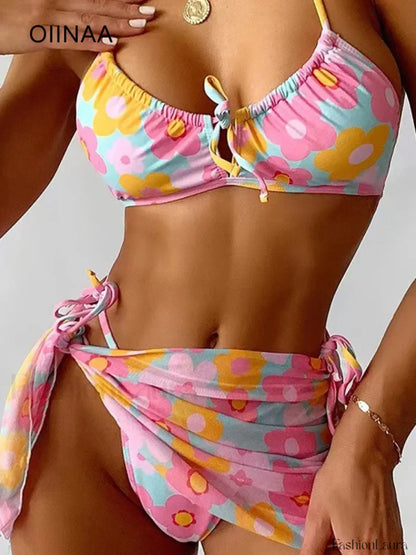 Printed Lace Up Halter Three Piece Set