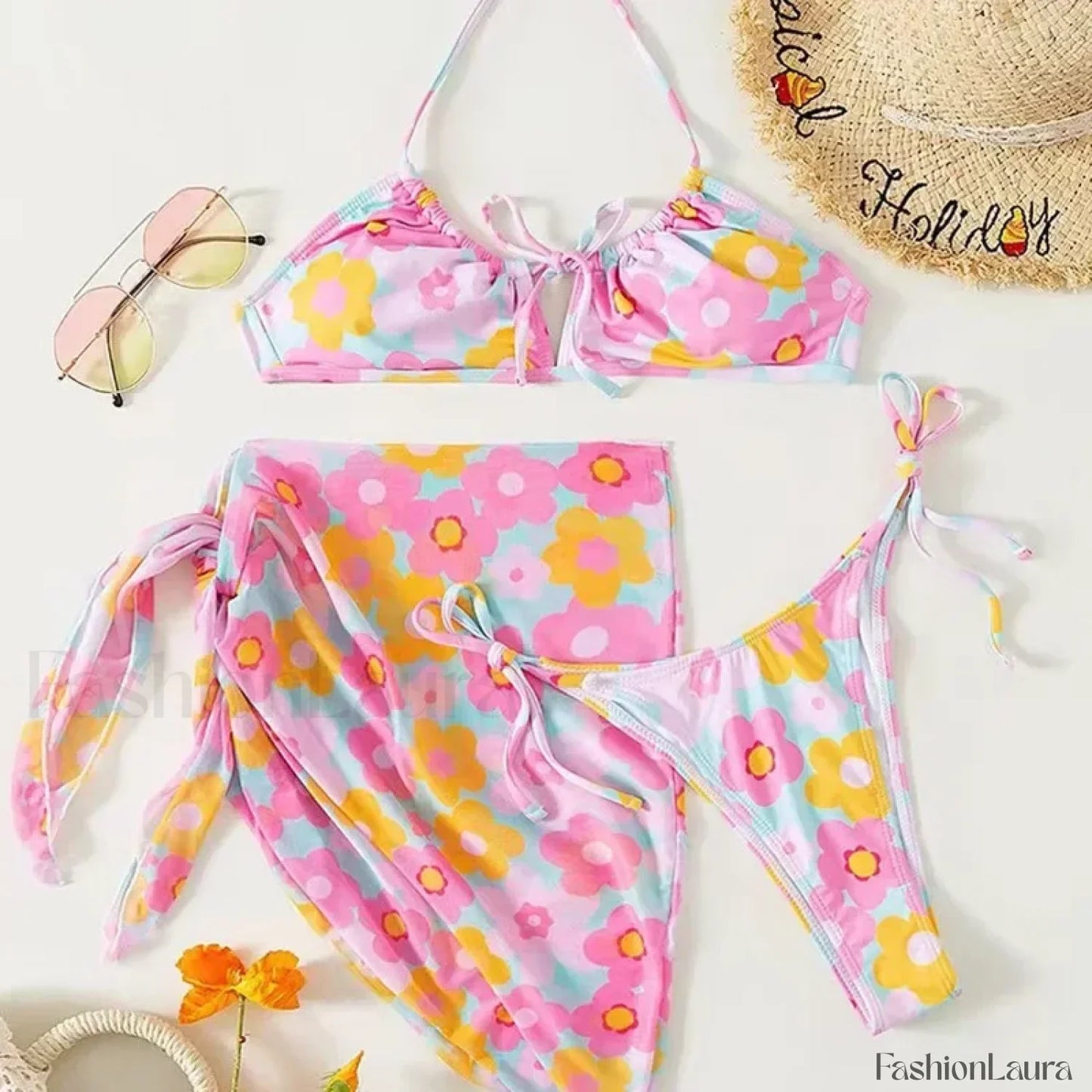 Printed Lace Up Halter Three Piece Set Pink / S