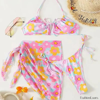 Printed Lace Up Halter Three Piece Set Pink / S