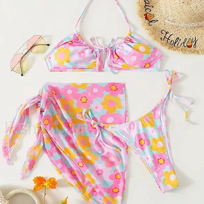 Printed Lace Up Halter Three Piece Set Pink / S