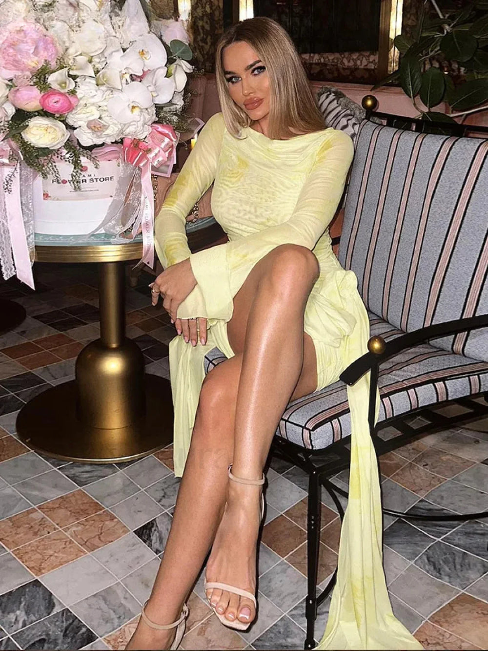 Printed Long Sleeve A Line Mini Dress