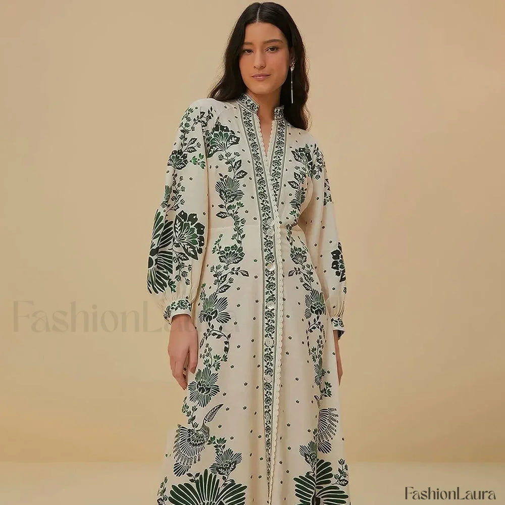 Printed Long Sleeve Boho Dress green / S