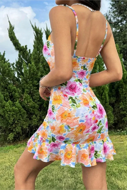 Printed Painted Backless A Line Strappy Floral Dress