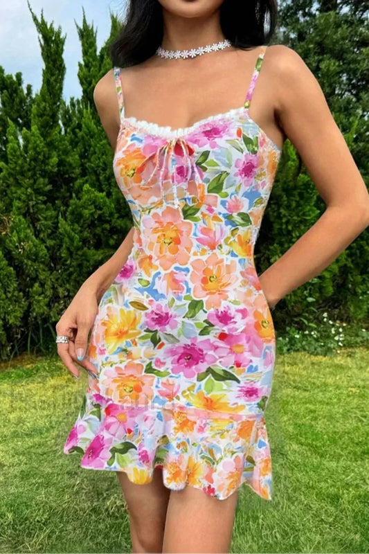 Printed Painted Backless A Line Strappy Floral Dress Colorful / S