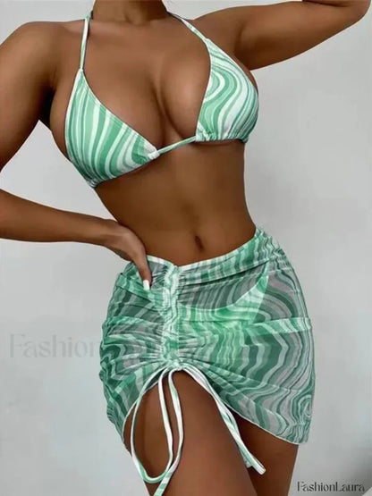 Printed Pleated Mesh Three Piece Set Light Green / S