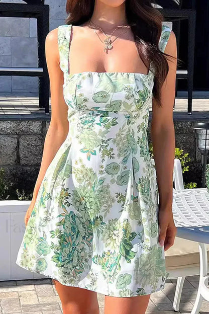 Printed Retro Butterfly Backless Strappy Mini Dress