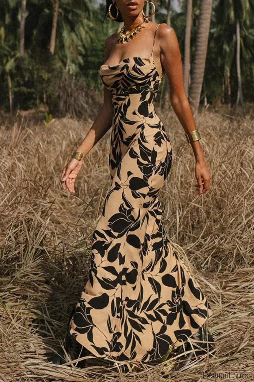 Printed Sexy Halter Strappy Spice Girl Floral Dress Khaki / XS