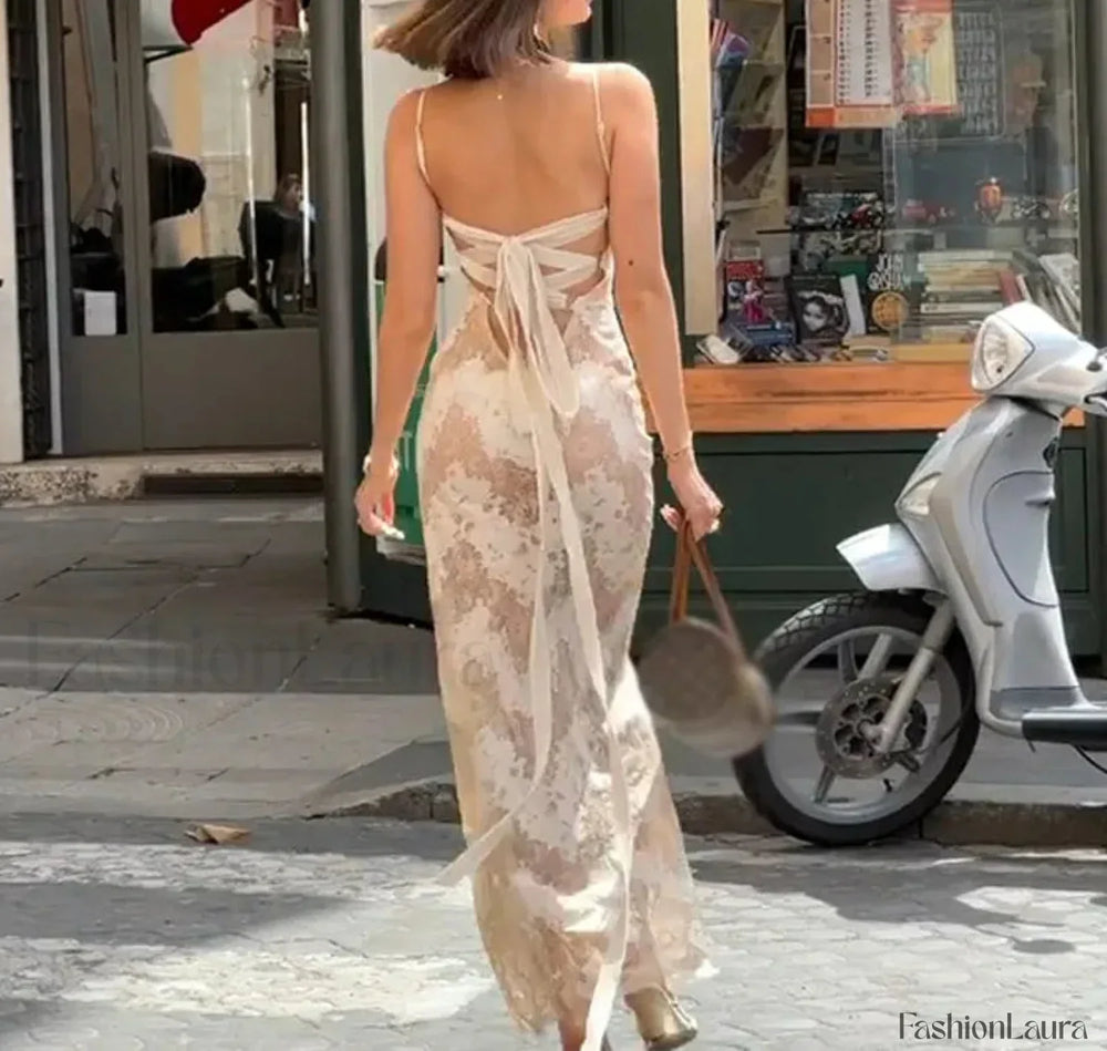 Printed Spaghetti Backless Maxi Dress APRICOT / S