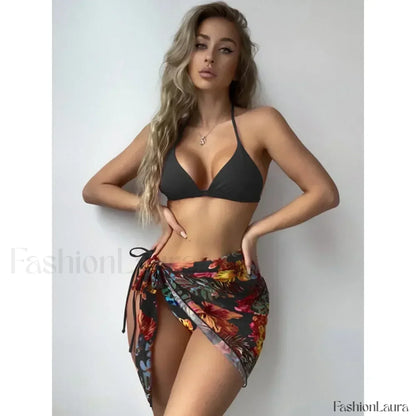 Printed Split Chic Three Piece Set Black / S