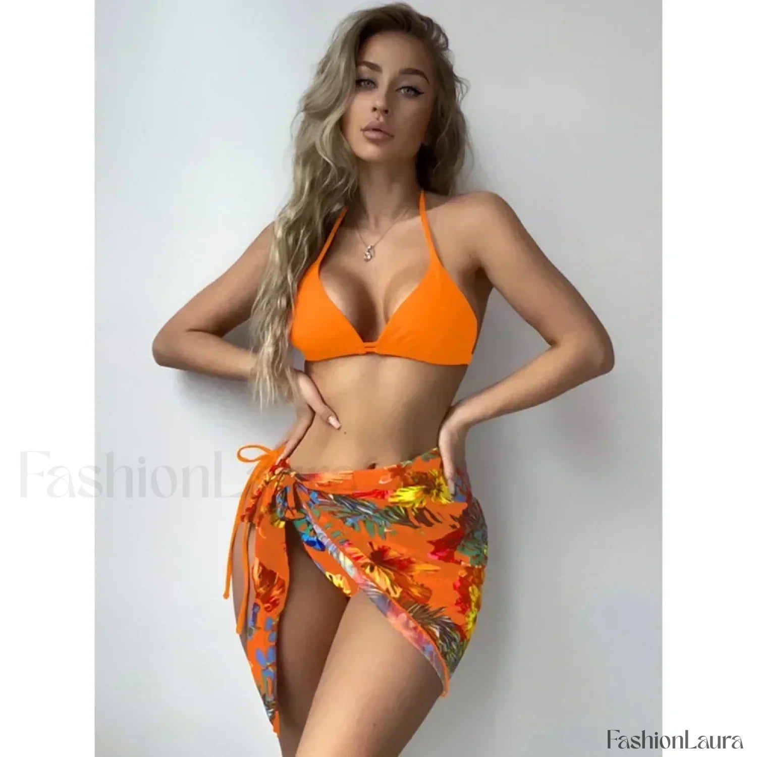 Printed Split Chic Three Piece Set Orange / S