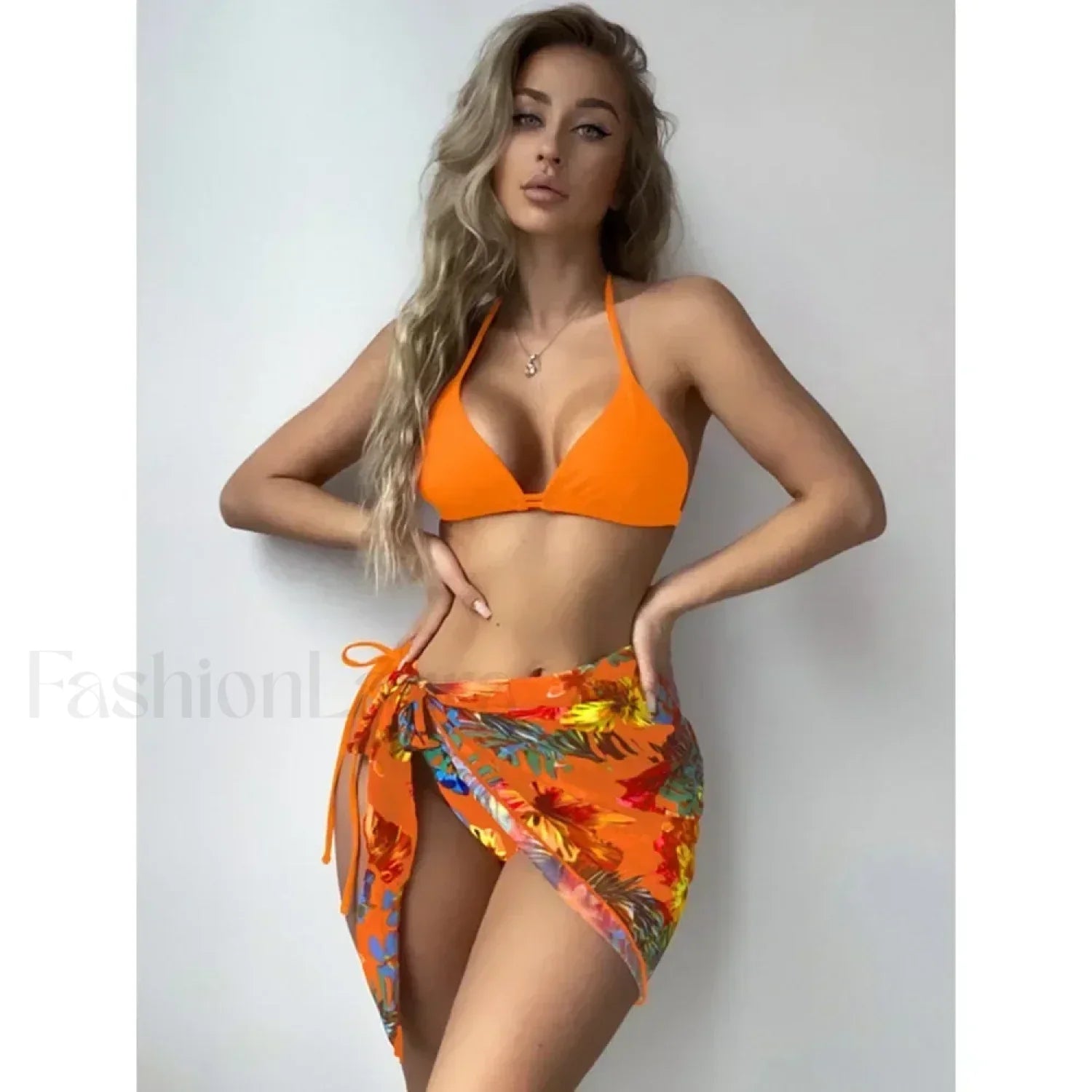 Printed Split Chic Three Piece Set Orange / S
