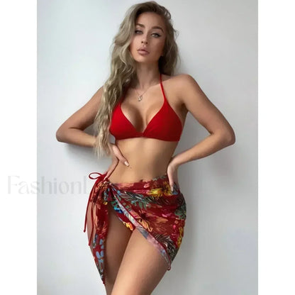 Printed Split Chic Three Piece Set Red / S