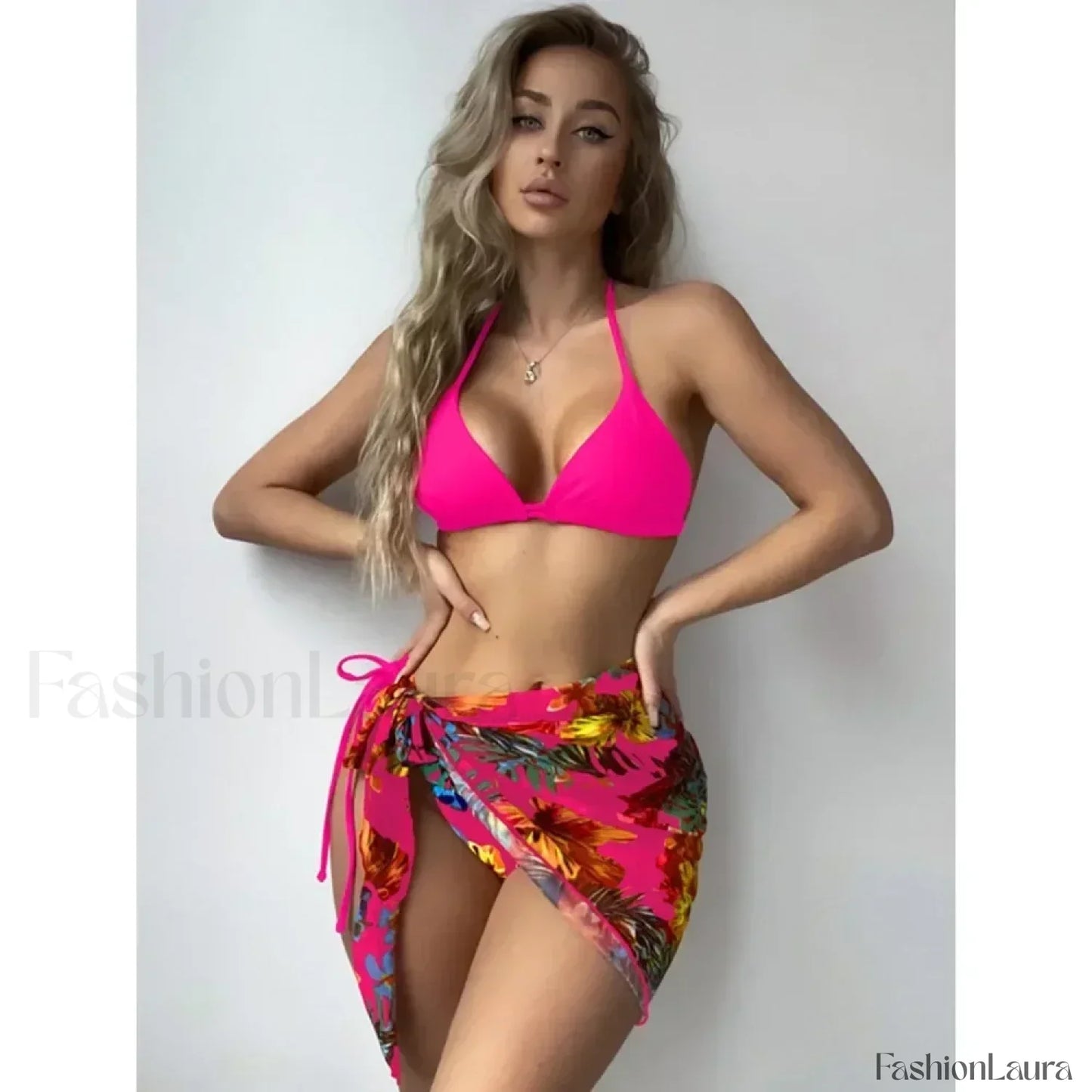 Printed Split Chic Three Piece Set Rose Red / S