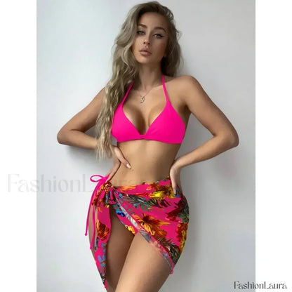 Printed Split Chic Three Piece Set Rose Red / S