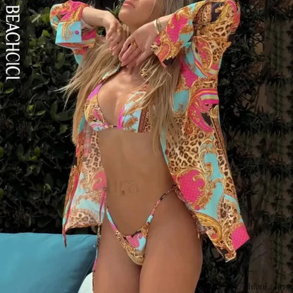 Printed String Halter Three Piece Set Pink / S