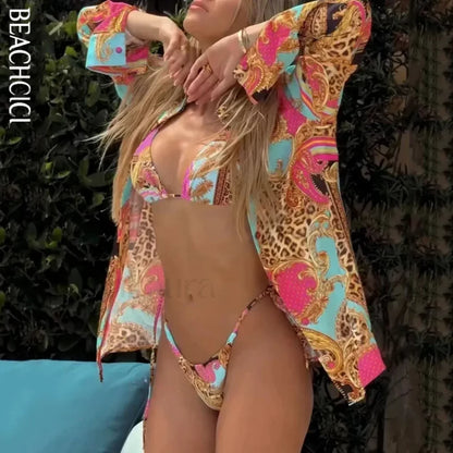 Printed String Halter Three Piece Set Pink / S