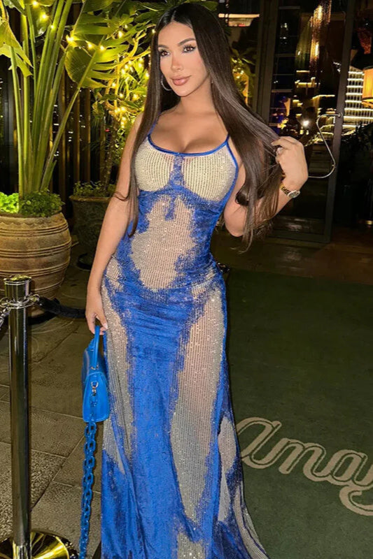 Printed Suspender Sexy Long Maxi Dress Blue / S