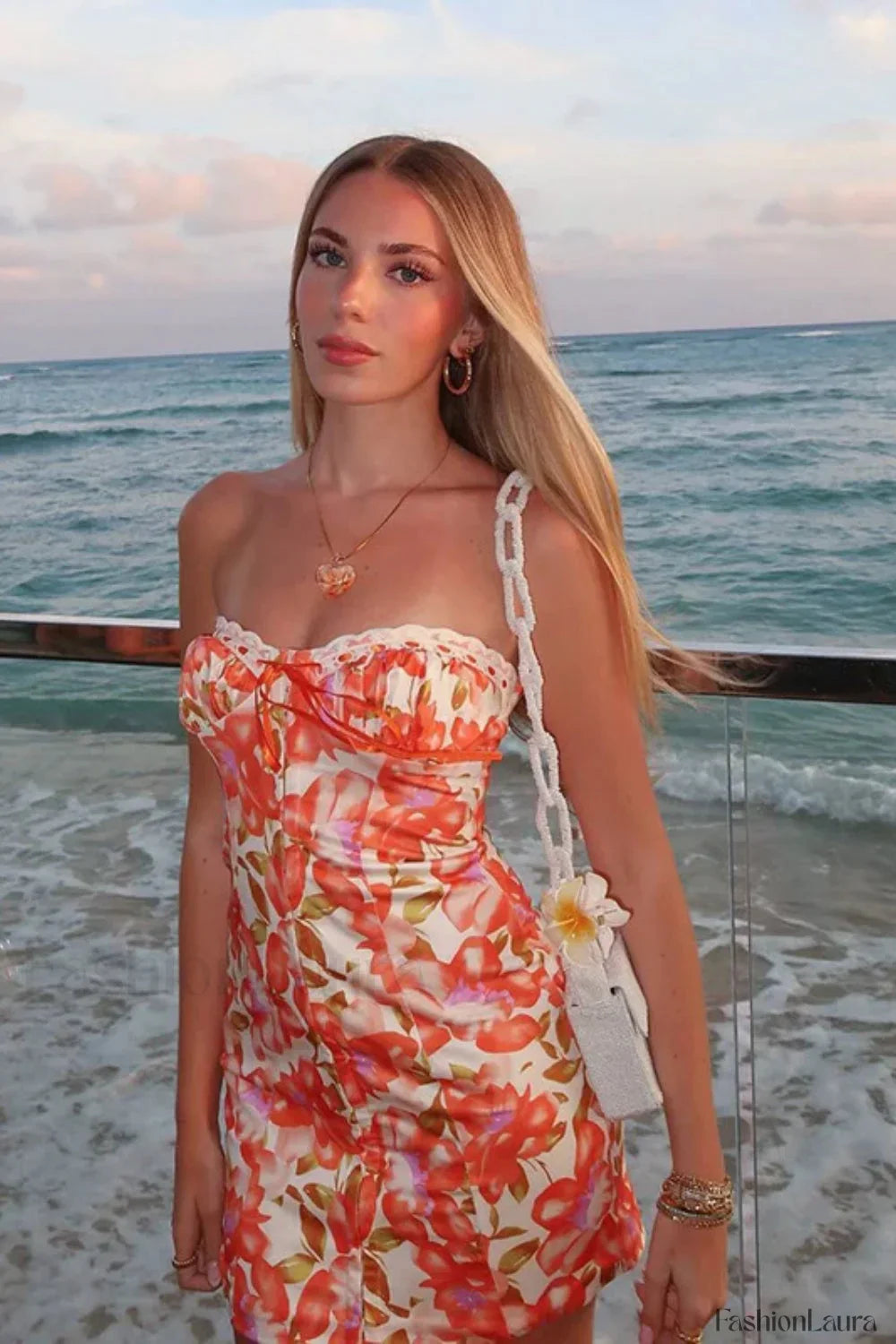 Printed Tube Top Hip Skirt Vacation Floral Dress