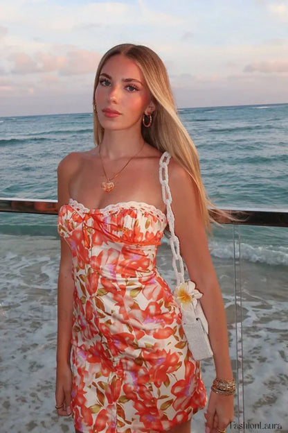 Printed Tube Top Hip Skirt Vacation Floral Dress