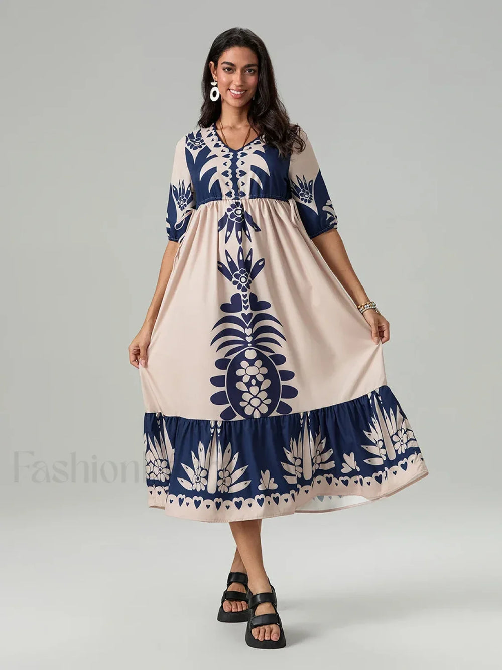 Printed V Neck Summer Boho Dress