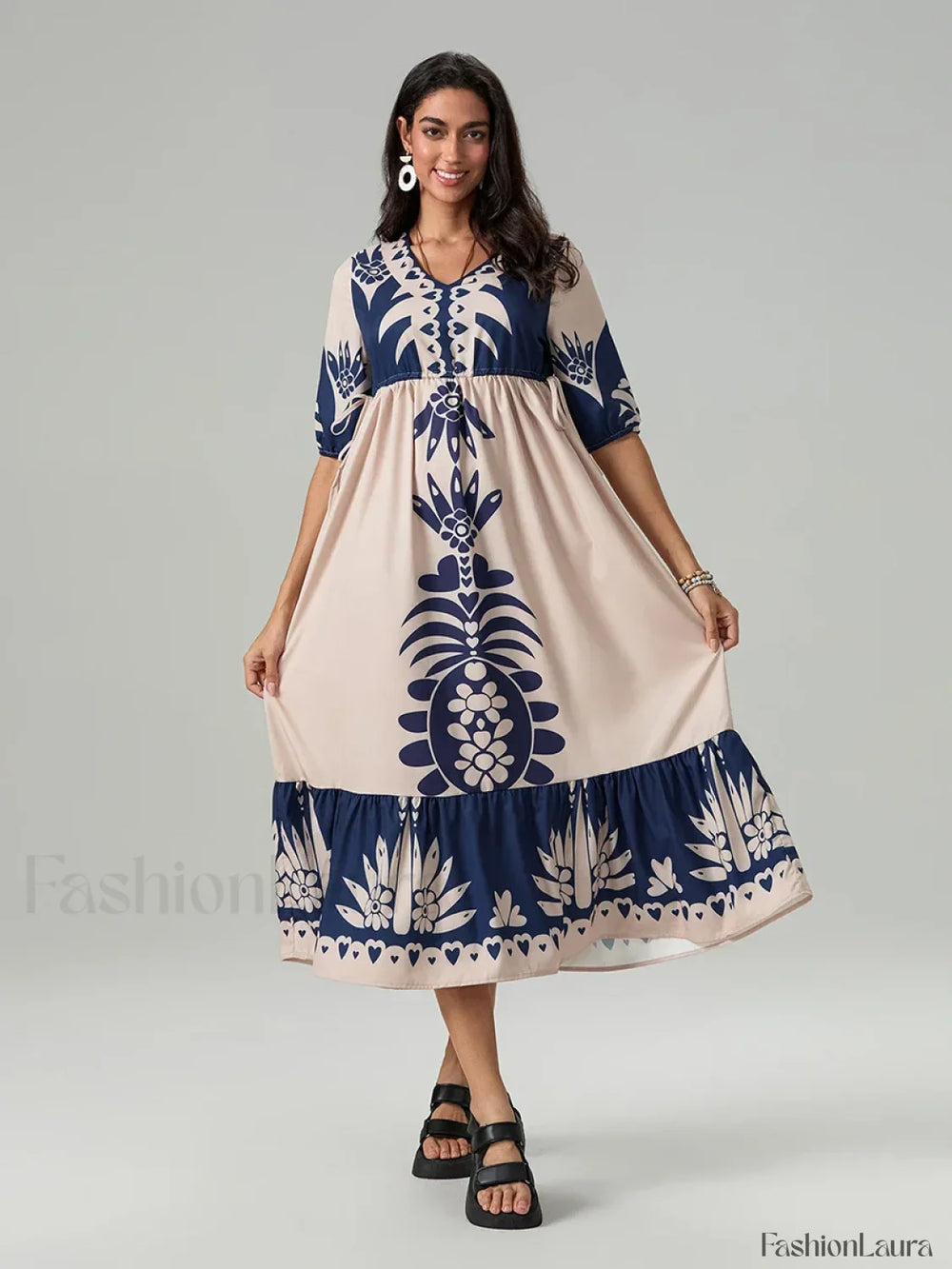 Printed V Neck Summer Boho Dress