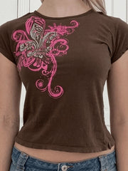 Printed Vintage Y2K Baby Tee Brown / S Tops&Tees