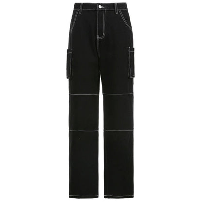 KittenAlarm - Weekeep Pockets Patchwork Baggy Jeans Fashion Streetwear 100% Cotton Women Denim Trouser Loose Cargo Pants Korean Jeans Harajuku